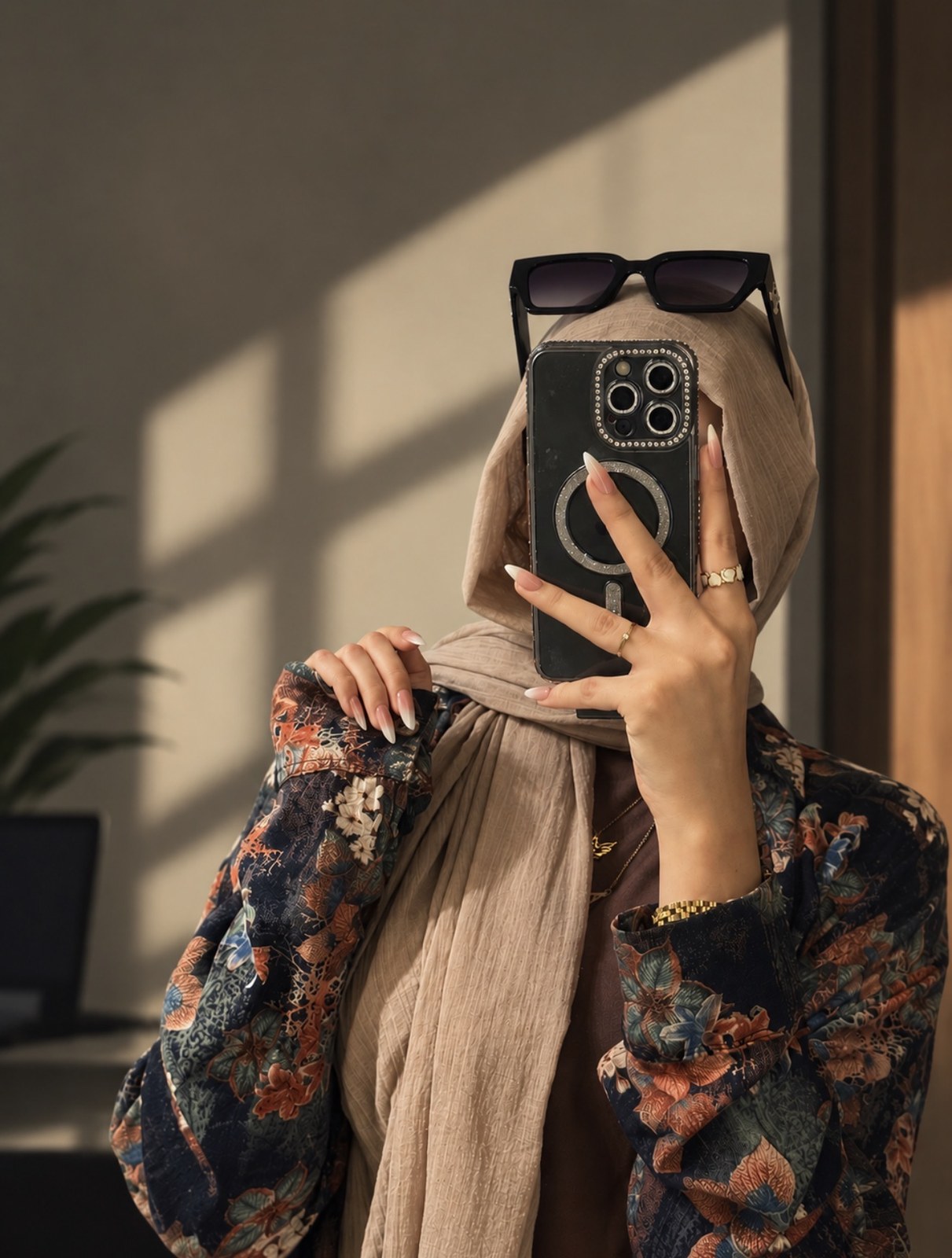 Horraia photographing herself in a mirror, her phone held in front of her face, window light across the wall